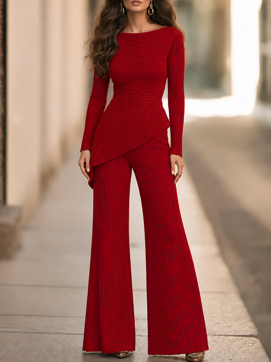 Elegant Ribbed Knit Asymmetric Peplum Top And Wide-Leg Pants Two-Piece Set