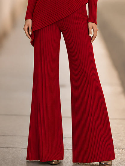 Elegant Ribbed Knit Asymmetric Peplum Top And Wide-Leg Pants Two-Piece Set
