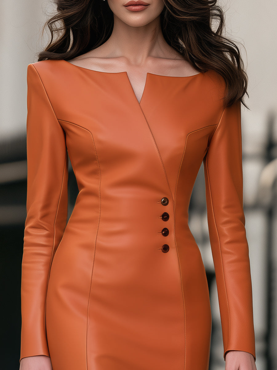 Asymmetric Button Faux Leather Boat Neck Midi Pencil Dress