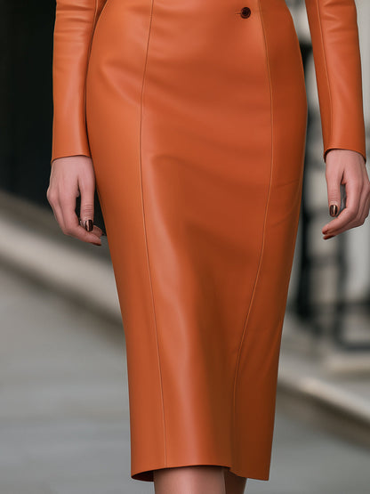 Asymmetric Button Faux Leather Boat Neck Midi Pencil Dress