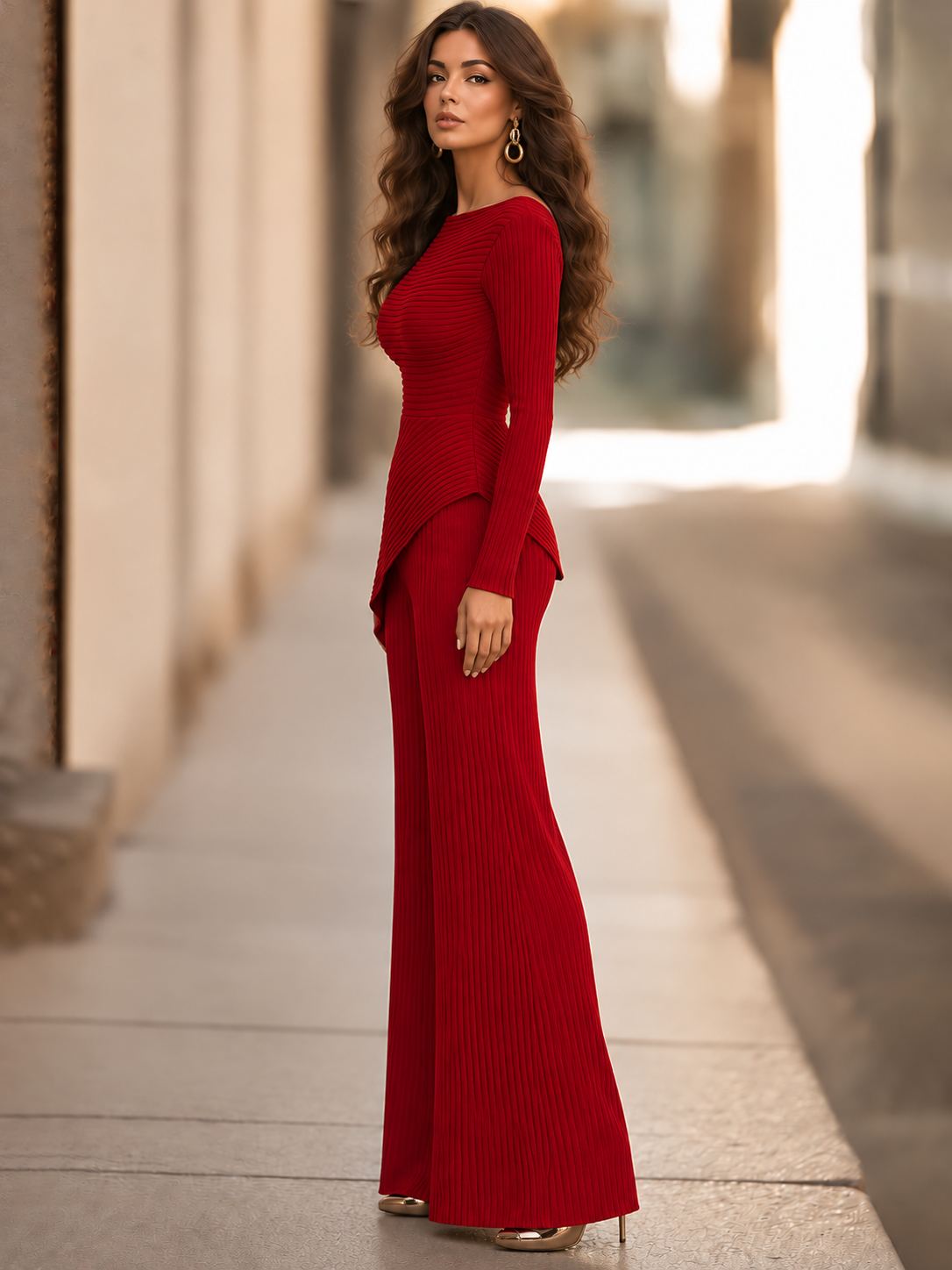 Elegant Ribbed Knit Asymmetric Peplum Top And Wide-Leg Pants Two-Piece Set