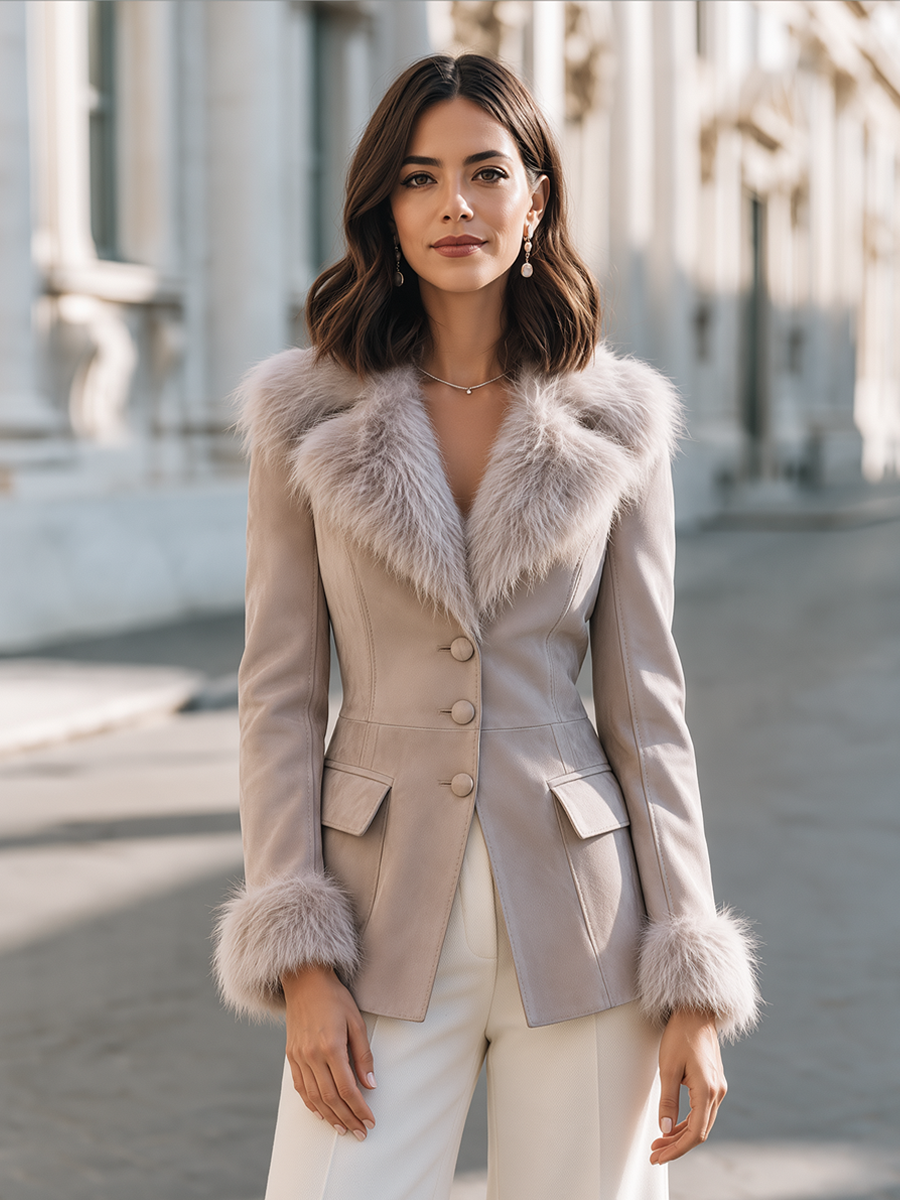 Elegant Faux Fur Trim Flap Pockets Fitted Jacket