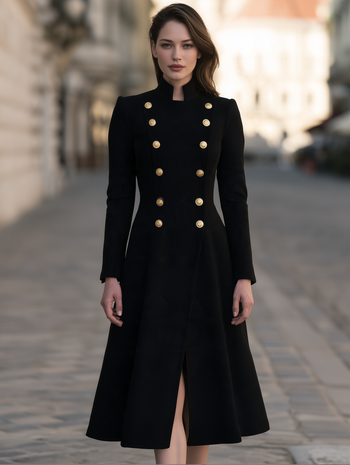 Military-style double-breasted midi dress/coat