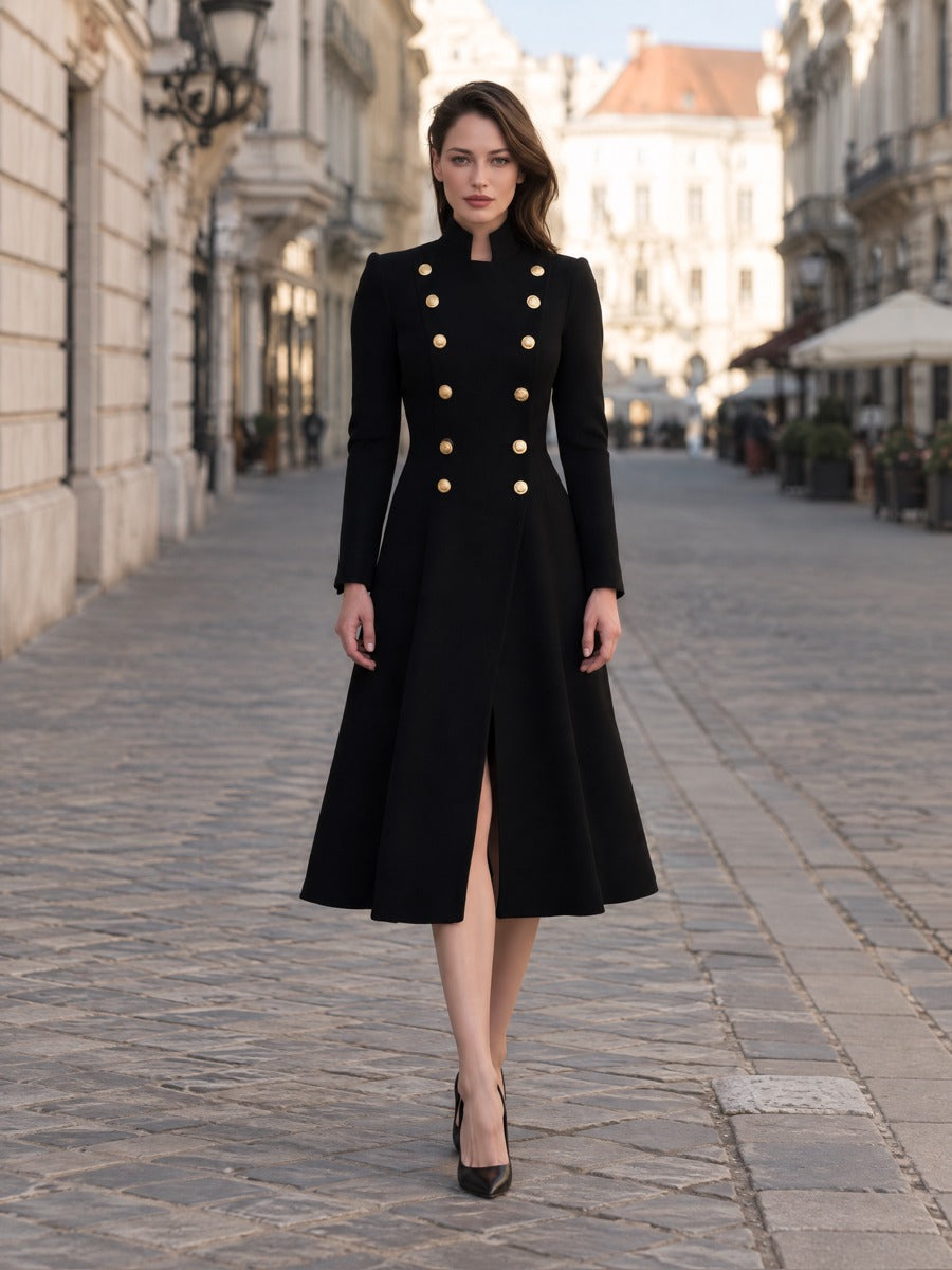 Military-style double-breasted midi dress/coat