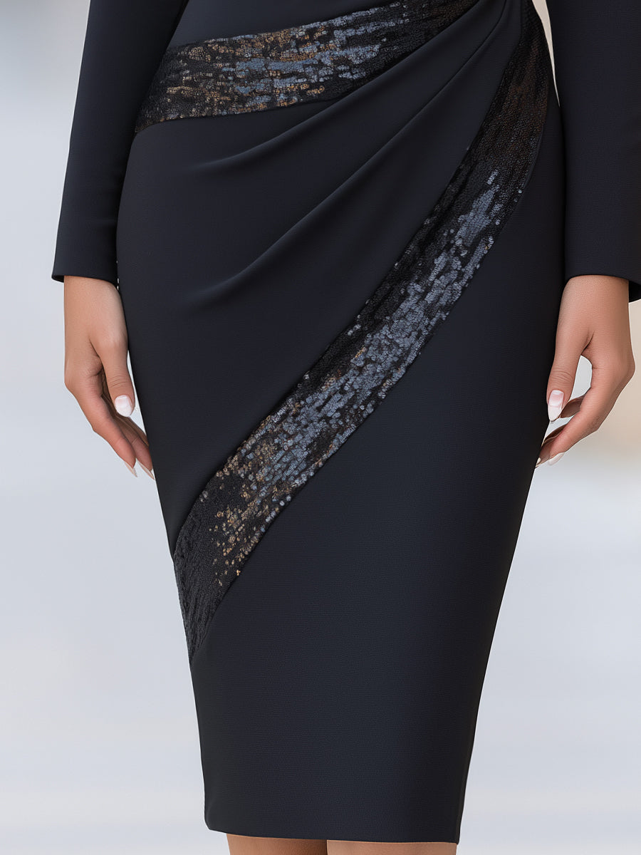 Crew Neck Ruched Waist Sequin Panels Midi Dress