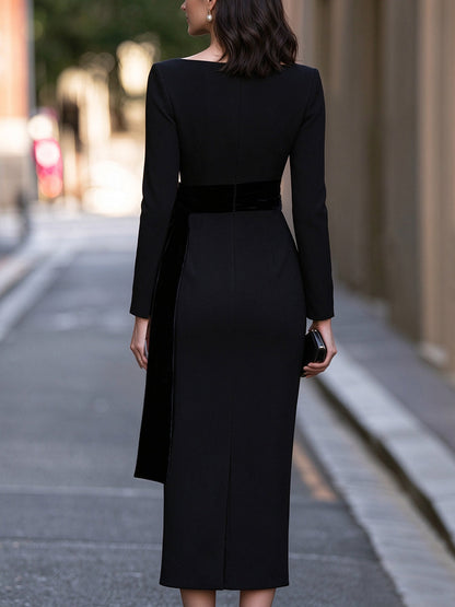 Fixed Velvet Belt Boat-Neck Long-Sleeve Crepe Midi Dress