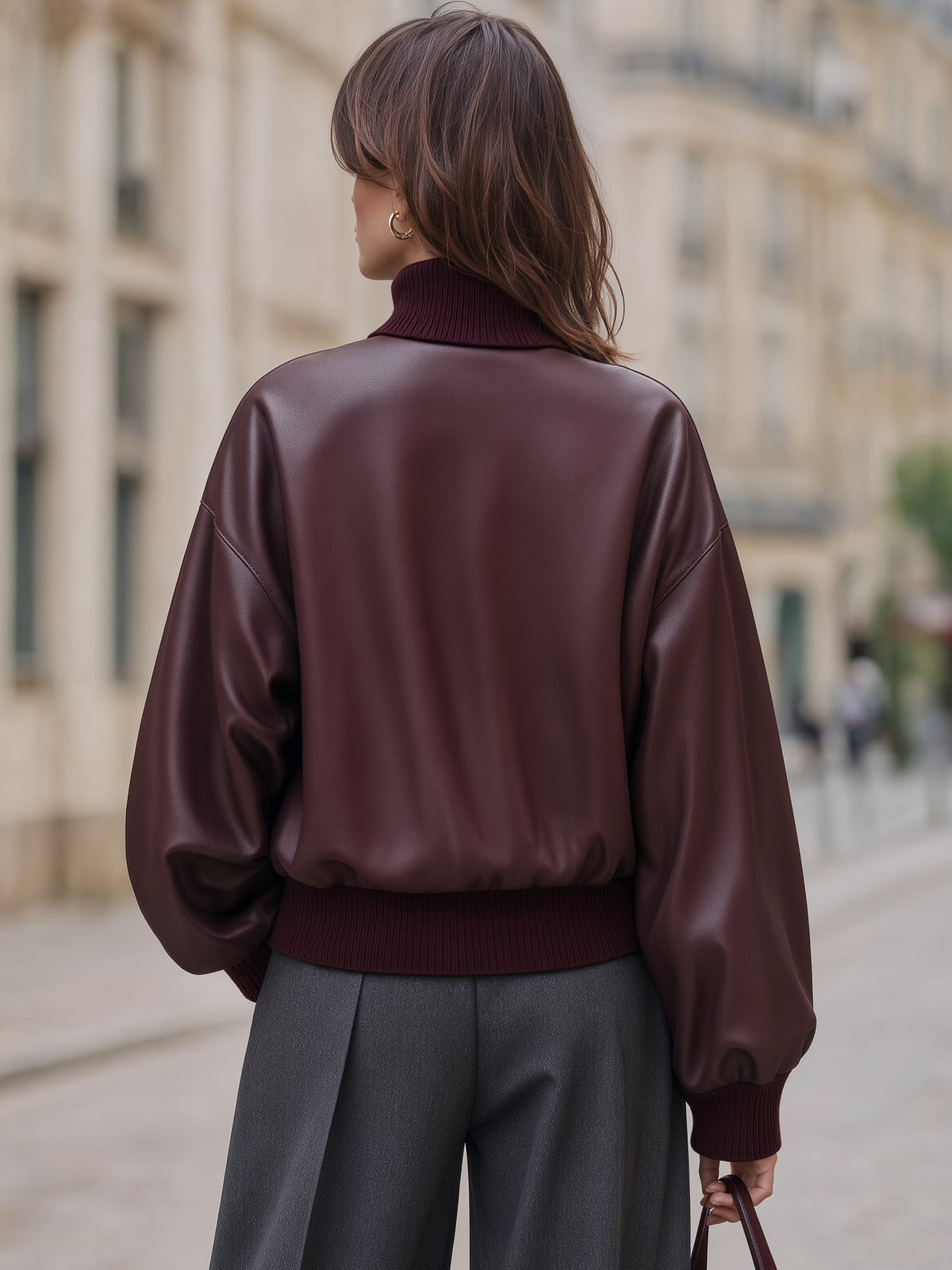 Faux Leather Cutout Turtleneck Blouse