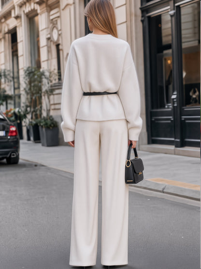 Belted Knit Sweater & Wide-Leg Tailored Pants Set