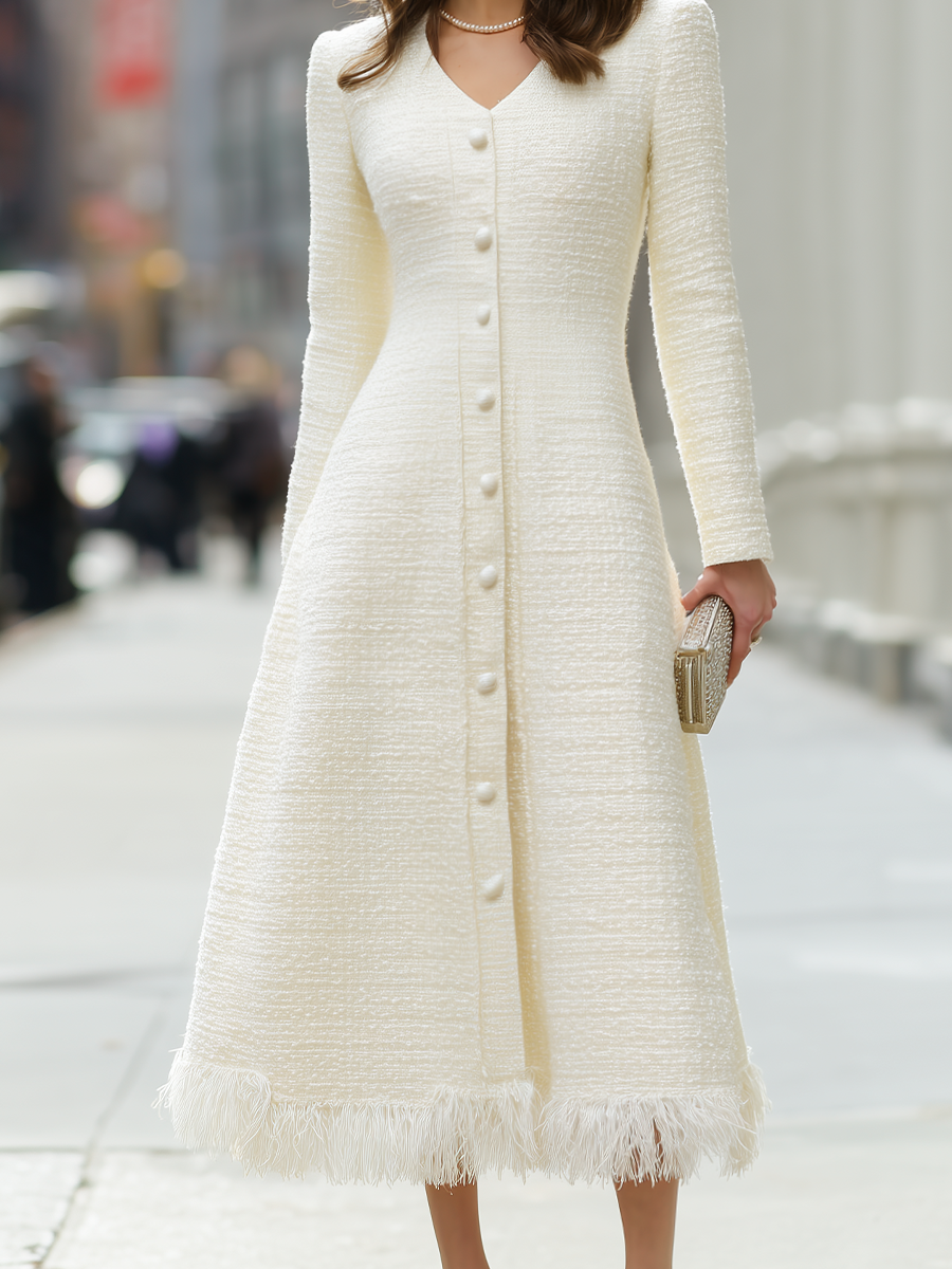 Tweed Button-Front Fringe Hem Midi Dress