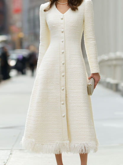 Tweed Button-Front Fringe Hem Midi Dress