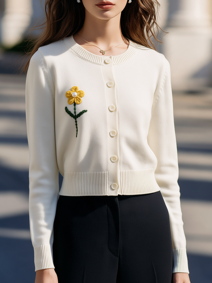 Elegant Floral Embroidered Button Front Knit Cardigan