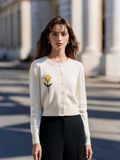 Elegant Floral Embroidered Button Front Knit Cardigan