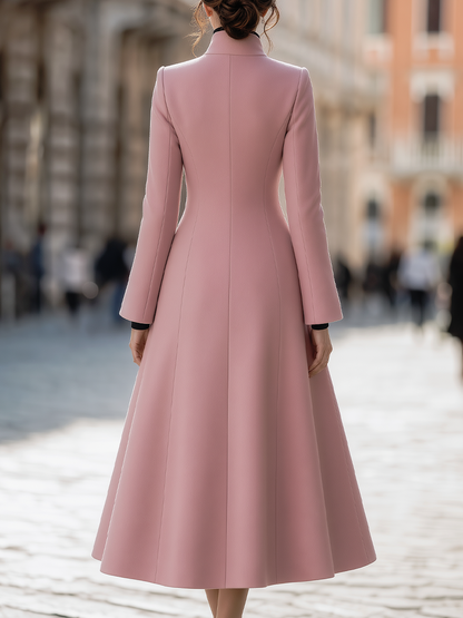 Pink Stand Collar Double Breasted Flared Midi Coat