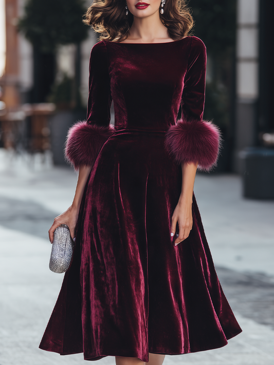 Velvet Plush Cuff Fit And Flare Midi Dress