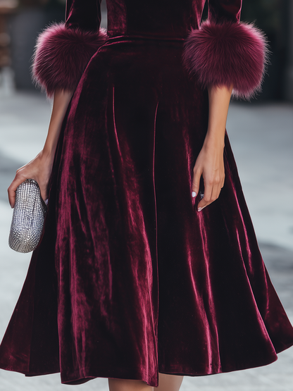 Velvet Plush Cuff Fit And Flare Midi Dress