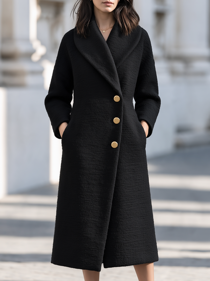 Elegant Shawl Collar Side Pockets Textured Wool Long Coat