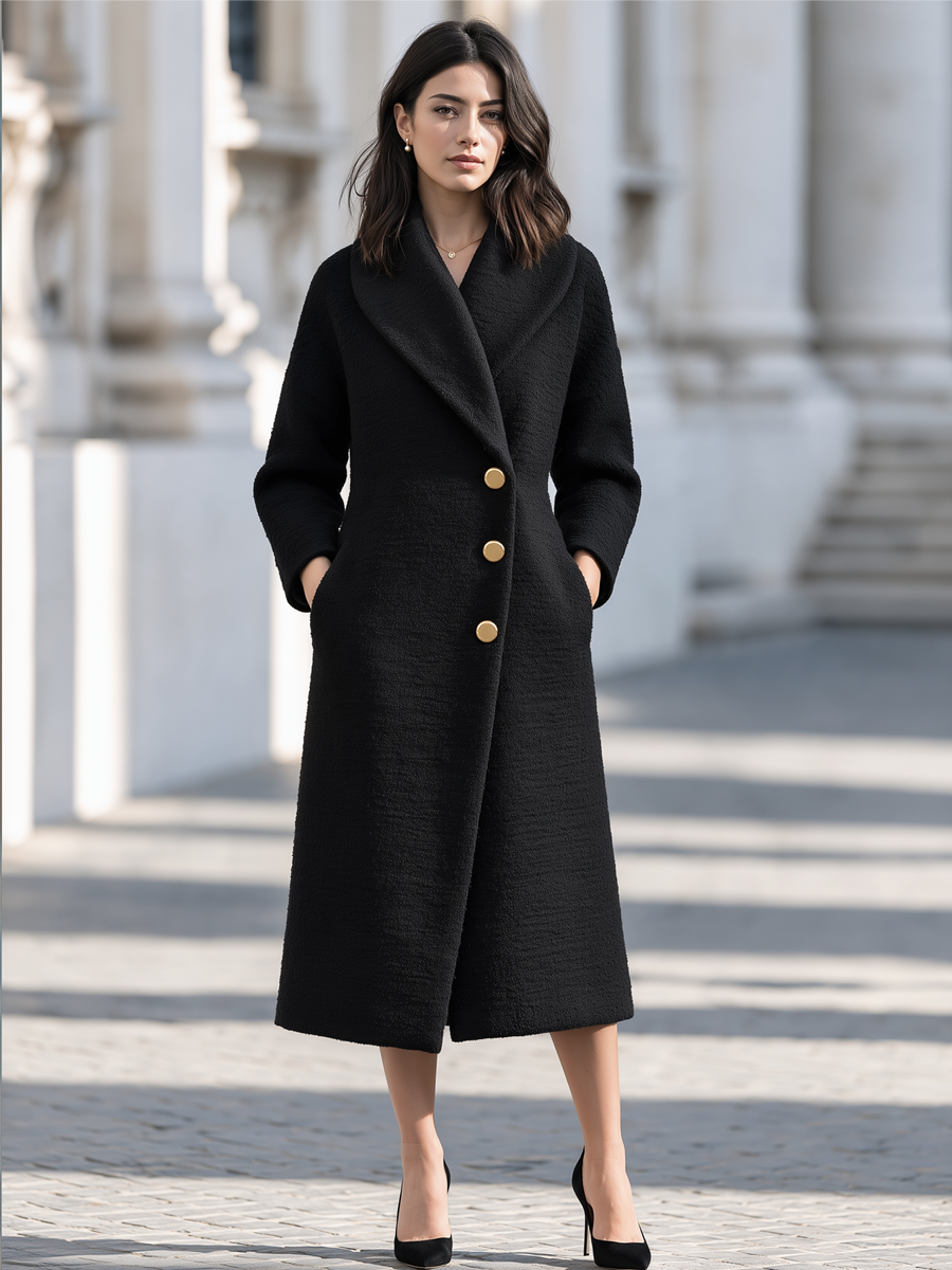 Elegant Shawl Collar Side Pockets Textured Wool Long Coat