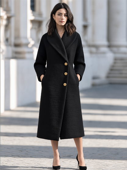 Elegant Shawl Collar Side Pockets Textured Wool Long Coat