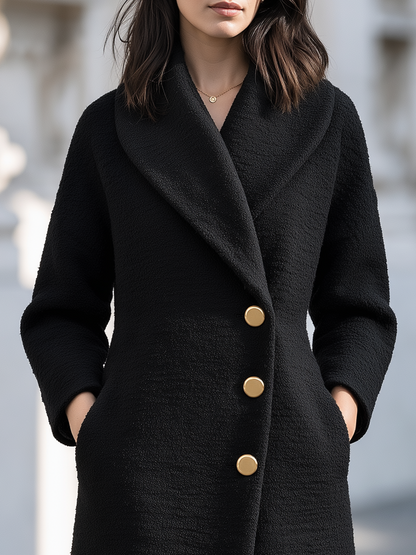 Elegant Shawl Collar Side Pockets Textured Wool Long Coat