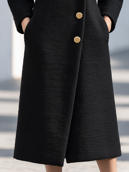 Elegant Shawl Collar Side Pockets Textured Wool Long Coat