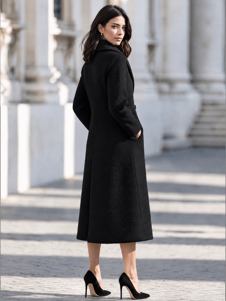 Elegant Shawl Collar Side Pockets Textured Wool Long Coat