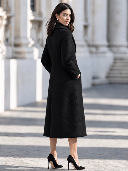 Elegant Shawl Collar Side Pockets Textured Wool Long Coat