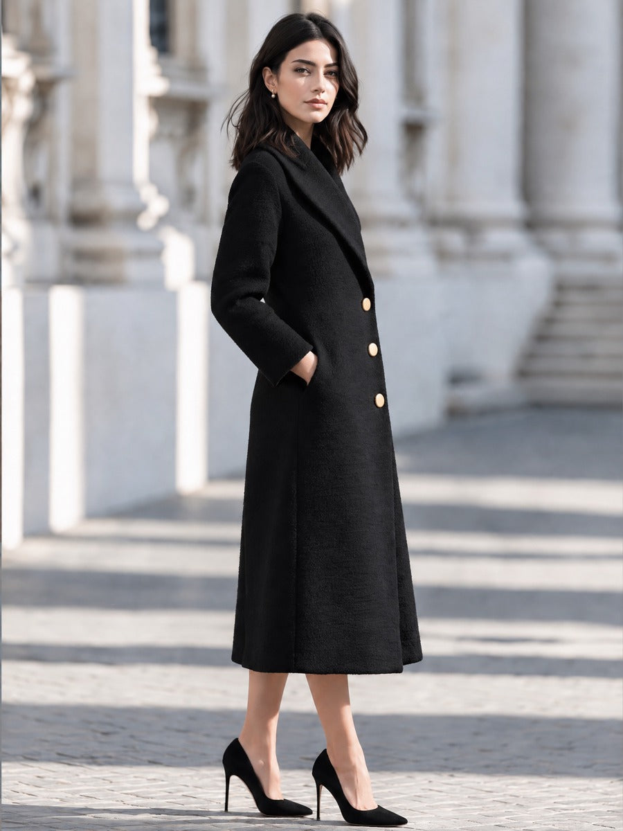 Elegant Shawl Collar Side Pockets Textured Wool Long Coat