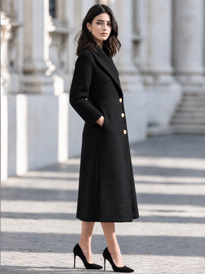 Elegant Shawl Collar Side Pockets Textured Wool Long Coat