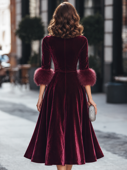 Velvet Plush Cuff Fit And Flare Midi Dress