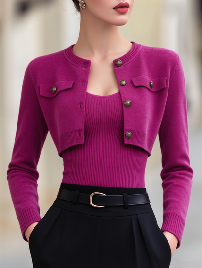 Cropped Knit Cardigan And Ribbed Camisole Two-Piece Set