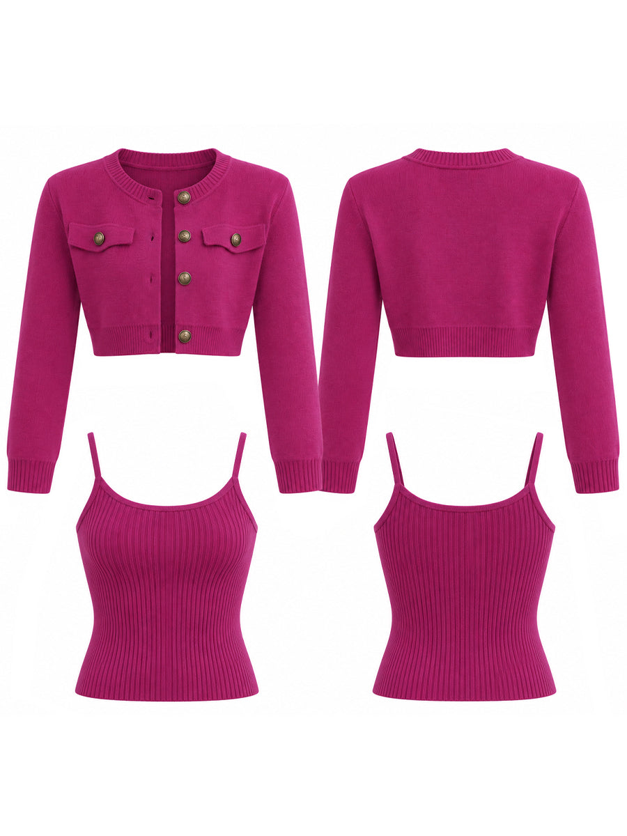 Cropped Knit Cardigan And Ribbed Camisole Two-Piece Set