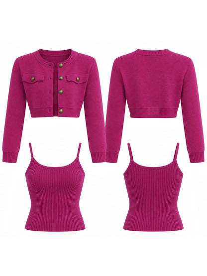 Cropped Knit Cardigan And Ribbed Camisole Two-Piece Set