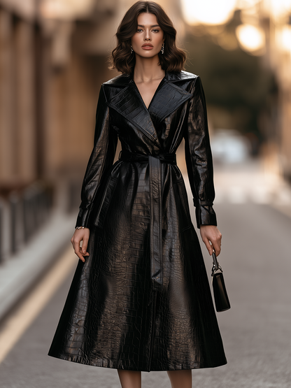 Croc-Embossed Belted Midi Trench Coat