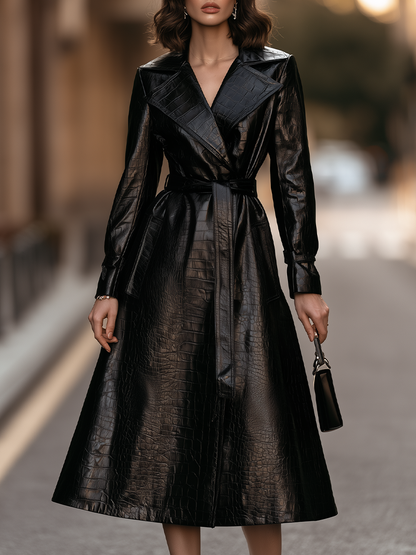 Croc-Embossed Belted Midi Trench Coat