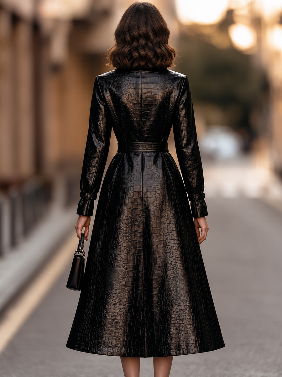 Croc-Embossed Belted Midi Trench Coat