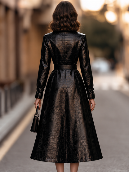 Croc-Embossed Belted Midi Trench Coat