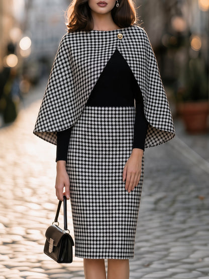 Houndstooth Cape-Overlay Midi Dress
