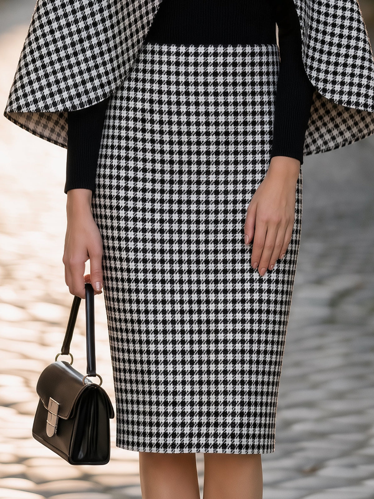 Houndstooth Cape-Overlay Midi Dress