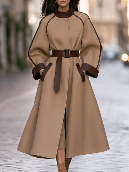 Leather-Trimmed Belted Wool-Blend Coat