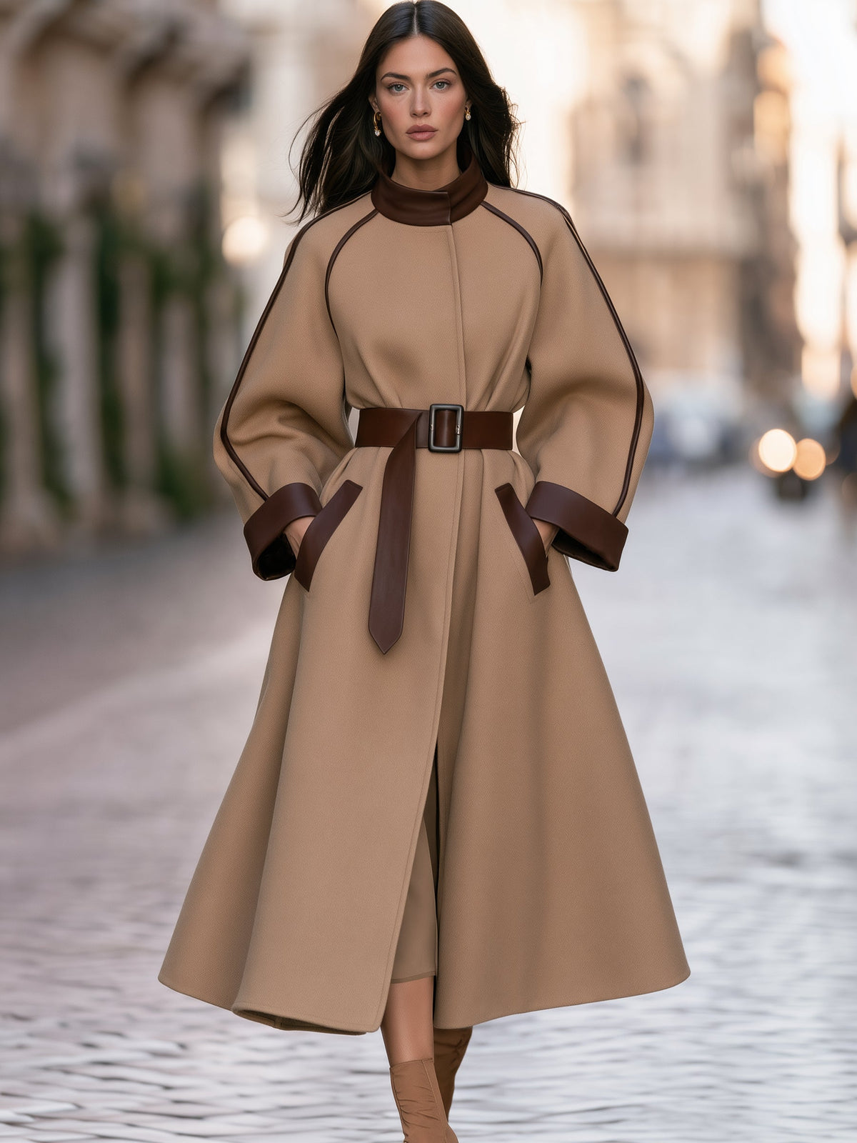 Leather-Trimmed Belted Wool-Blend Coat