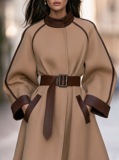 Leather-Trimmed Belted Wool-Blend Coat