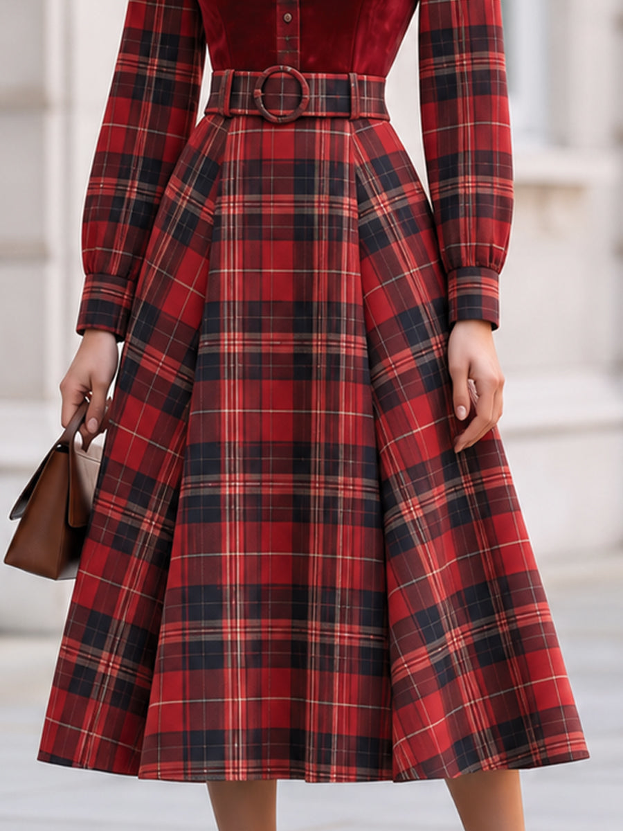 Vintage Velvet Tartan Belted Midi Dress
