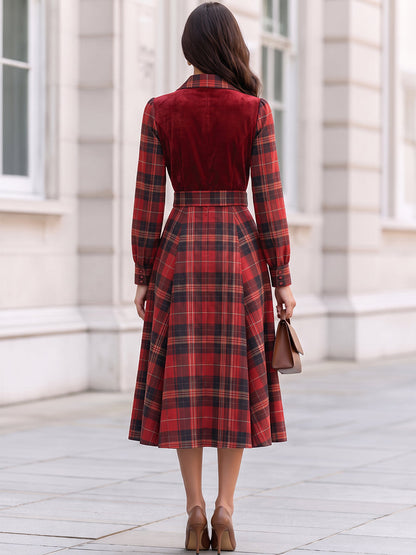 Vintage Velvet Tartan Belted Midi Dress