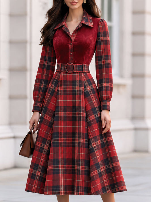 Vintage Velvet Tartan Belted Midi Dress