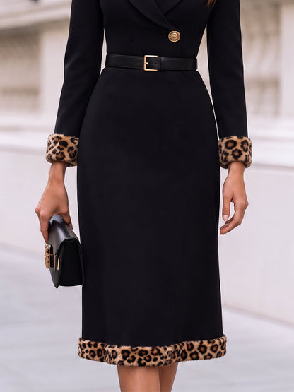 Black Leopard Trim Blazer Midi Dress