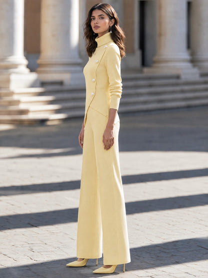 Turtleneck Asymmetric Hem Sweater & Wide-Leg Knit Pants Set