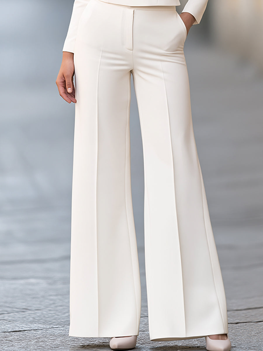 Elegant Ivory Long Sleeve Cropped Top And Wide Leg Pants Two-Piece Set