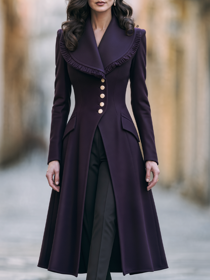 Dark Purple Ruffled Shawl Collar Fitted Flared Midi Coat