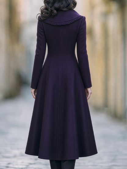 Dark Purple Ruffled Shawl Collar Fitted Flared Midi Coat