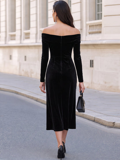 Black Off Shoulder Velvet Midi Dress